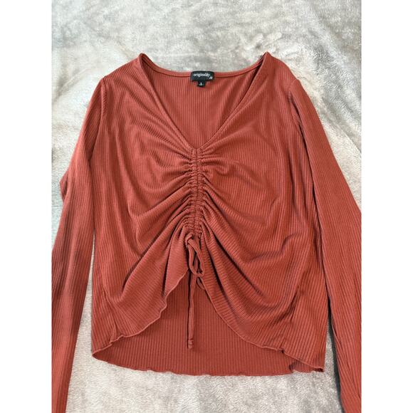 NWOT Originality Large Rust‎ Orange Brown Long Sleeve Cropped Ribbed Lettuce Hem - Picture 5 of 8